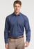 A long-sleeve, button-up shirt in navy with a subtle texture, featuring a collar and a logo.