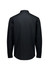 A black long-sleeve button-up shirt with a collar and cuffs, featuring a subtle logo.