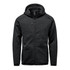 A black full zip fleece hoody featuring a hood and multiple zippered pockets. It has a logo on the front.