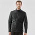 A men's black knit jacket with a zip front and stand-up collar, featuring a logo on the chest.