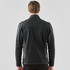 A men's black knit jacket with a high collar, shown from the back, featuring a logo.