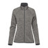 A women's full zip fleece jacket in grey, featuring a high collar and raglan sleeves, with a logo on the front.