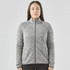 A women's full zip fleece jacket in grey with a high collar and long sleeves, featuring a logo.