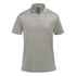 A grey polo shirt featuring a collar and three buttons, with a logo on the upper left side.
