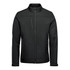 A black men's softshell jacket featuring a full front zipper and multiple pockets, including a chest pocket.