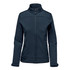 A women's softshell jacket in navy blue with a high collar and zippered pockets. Features a discreet logo.