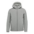 A men's puffer jacket in light grey with a hood and zip front, featuring a logo on the chest.
