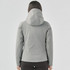 A women's grey puffer jacket with a hood, featuring a fitted design and visible stitching details on the back.
