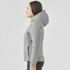 A women's puffer jacket in grey with a hood, featured from the side view. Includes a branding logo.