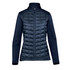 A women's softshell jacket in navy with a quilted front and a high collar, featuring a logo on the chest.