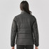 A women's puffer jacket in dark grey, featuring a quilted design and a high collar. It includes a logo on the back.