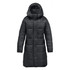 A women's black puffer jacket with a hood, featuring a quilted design and a mid-length cut.