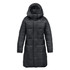 A black women's puffer parka jacket with a hood and a quilted design. It features a logo on the sleeve.