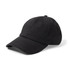 A black linen cap with a curved brim and a back adjustment feature, featuring a branding logo.