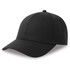 A black cap made from recycled and organic cotton, featuring a vented top and a curved brim.