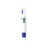 A white pen with blue and green accents, featuring a carabiner attachment for easy carrying.