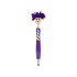 A purple pen with a smiling head and colourful hair, featuring a striped tie design. It includes a logo.