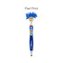 A blue pen with a smiling character head and blue, frizzy hair, featuring a branding logo.
