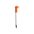 A pen with a white barrel and an orange "thumbs up" design on top. It features a silver tip and has a logo.