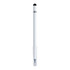 A white 3 in 1 pencil with a stylus tip, black detail, and a transparent cap. Features a branding logo.