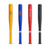A set of four plastic baseball bat shape pens in yellow, blue, red, and black, each with a logo.
