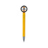 A yellow pen with a tire-shaped top and silver tip, featuring a logo on the body.