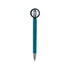 A teal pen with a fidget spinner shaped like a tire at the top, featuring a chrome detail and a silver point.