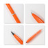 An orange double-ended pencil with a graphite tip and a ballpoint pen tip, featuring a silver trim and branding logo.