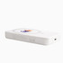 A white wireless charging power bank with a logo, featuring a compact design and multiple charging ports.