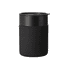A ceramic coffee cup in matte black with a sleek black lid and a textured finish. Features a logo.