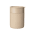 A ceramic coffee cup in a neutral beige colour, featuring a matching lid and a simple design. It has a logo on the surface.