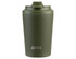 A green insulated coffee cup with a ceramic lining and a lid. It features a logo on the front.