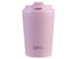 A ceramic-lined insulated coffee cup in light pink, featuring a secure lid and a branding logo.
