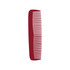 A custom blended tooth comb in a deep red colour with evenly spaced teeth for grooming. Features a logo.