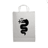 A white paper show bag featuring a black snake design and two handles.