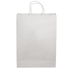 A white paper shopping bag with two handles and a smooth surface, featuring a branding logo.
