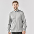 A grey men's pullover featuring a 1/4 zip and long sleeves, with a branding logo on the garment.