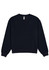 A navy crew sweatshirt with long sleeves and a simple, unembellished design. It features a logo on the label.
