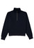 A navy women's jumper featuring a 1/4 zip and a high collar, complete with long sleeves.