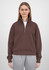 A brown zip-up women's jumper with a high collar and long sleeves, featuring a relaxed fit.