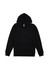 A black hoodie featuring a front pocket and a hood, with a simple design and a logo.