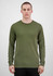 A long sleeve tee in olive green, featuring a fitted design and a round neck. It has a subtle logo.