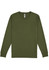 A long-sleeve tee in olive green, featuring a simple design and a brand label at the neck.