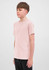 A short sleeve T-shirt in a light pink colour, featuring a simple design and a logo on the front.