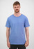 A short sleeve tee in a light blue colour, featuring a logo and worn by a male model.