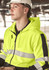 A unisex hi-vis full zip hoodie in bright yellow with reflective stripes, featuring a black accent and a hood.