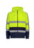 A unisex high visibility full zip hoodie in bright yellow with navy accents and reflective stripes. Features a hood and a logo.