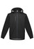 A black unisex softshell jacket with a hood, featuring zip pockets and a logo on the front.