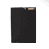 A black A4 notebook featuring a sleek design with a pocket and an interior insert for holding cards.
