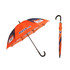 An eight-panel umbrella featuring orange and navy blue colours with a curved black handle and a logo.